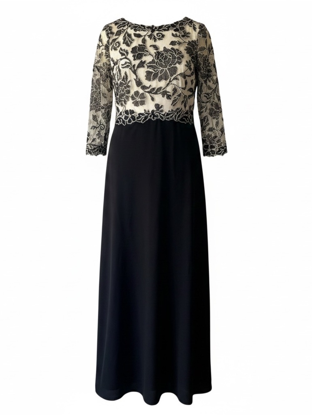 Tadashi Shoji Black and Cream Lace Bodice 3/4 sleeve Evening Gown